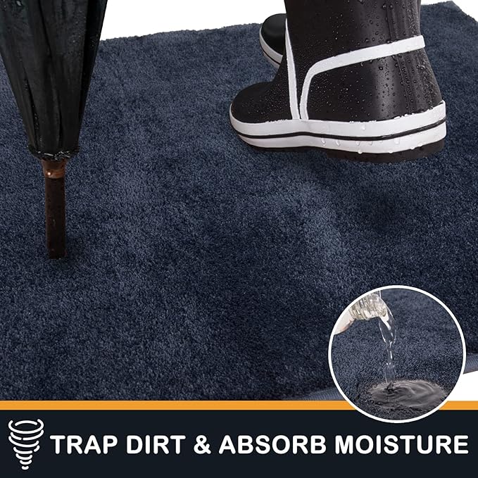 PURRUGS Dirt Trapping Door Mat 34" x 59", Non-Slip Machine Washable Entryway Rug, Dog Doormat, Indoor Front Door Mat, Super Absorbent Entry Rug for Muddy Shoes & Paws, Navy Blue