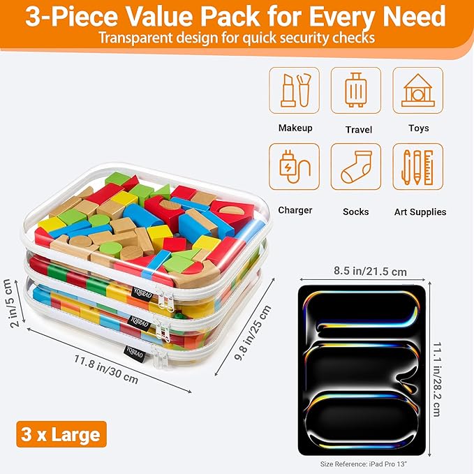 3 Pack Clear Hard Shell Zipper Case, See-Through Hard Plastic Organizer Pouches with Zipper for Travel, Toiletries, Makeup, Electronics & Pencils - Crush-Resistant Storage (L White)