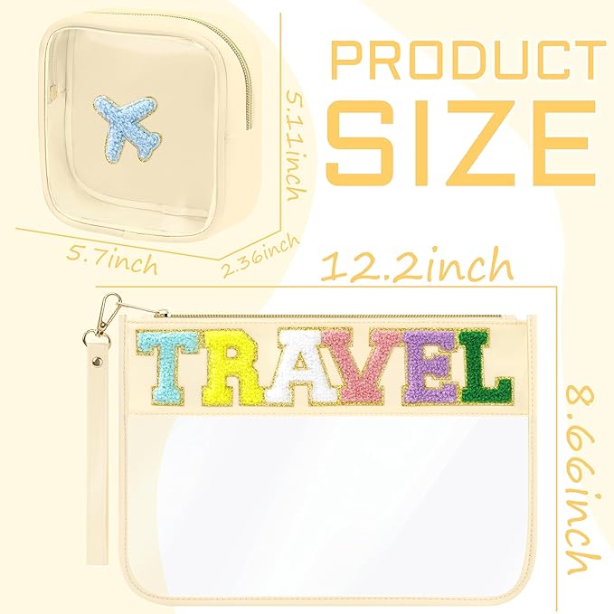 2 Pcs Chenille Letter Patch Clear Travel Bags, Preppy PVC&Nylon Makeup Bag with Zipper, Waterproof Clear Travel Toiletry Bag Storage Bag for Women Girls