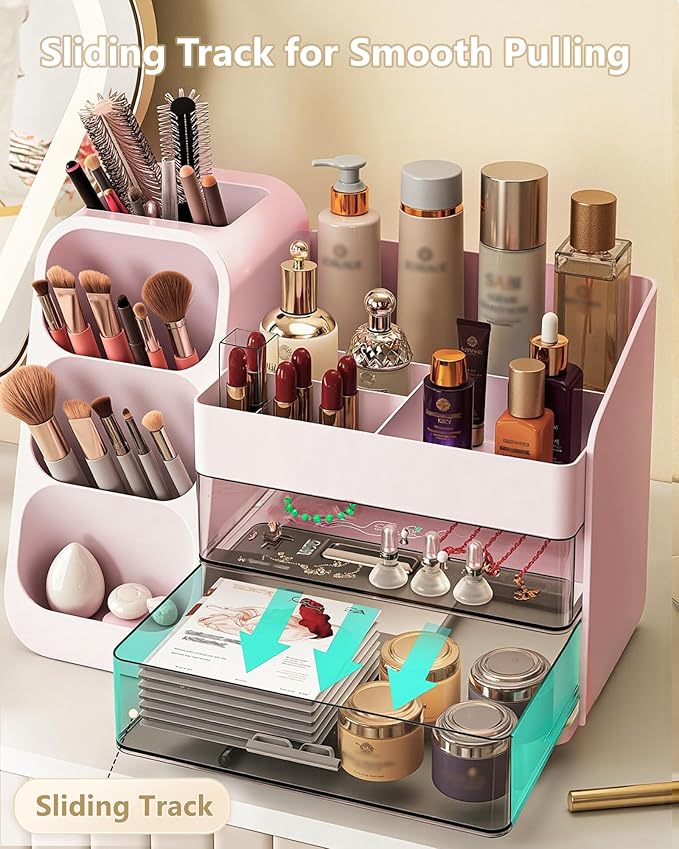 Anylady Makeup Organizer with Drawers, Skincare Organizer (Large Size Thick), Storage Box Cosmetic Display Cases, Make up Organizers for Vanity, Dresser, Desk, Kitchen, Countertop (Pink)