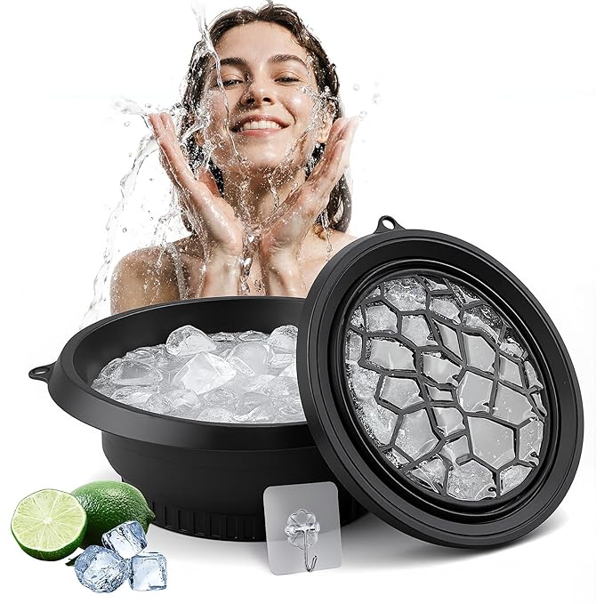 Foldable Face Bowl for Ice with Built-in Ice Tray & Hanging Hook - Collapsible Silicone Facial Bath Bowl for Cold Plunge Therapy, Skin Tightening, Pore Minimizing - Portable for Home, Travel(Black)