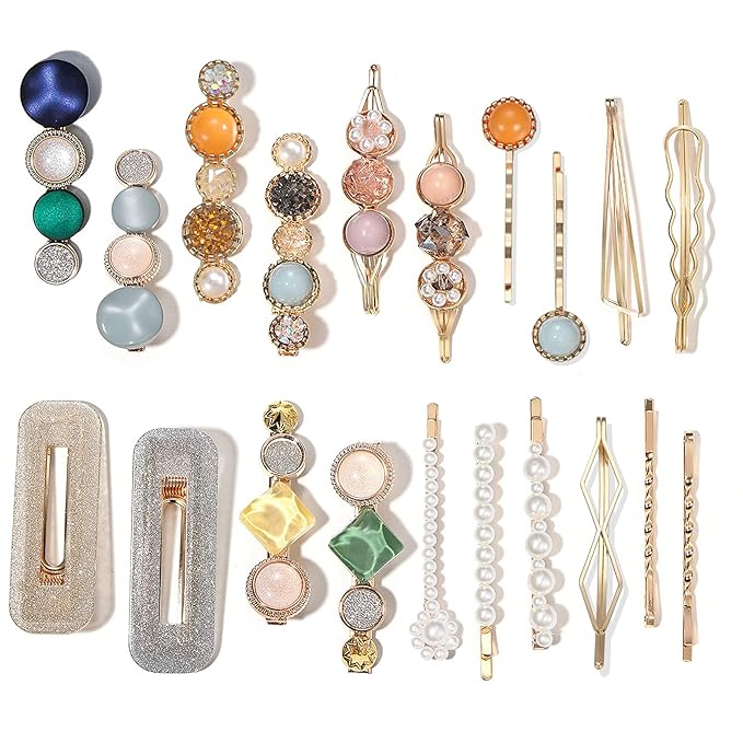 Mehayi 20 PCS Macaron Pearls and Acrylic Resin Hair Clips, Handmade Cute Hair Barrettes Bobby Pins, Glitter Crystal Geometric Hairpin, Elegant Gold Hair Accessories, Gifts for Women Girls…