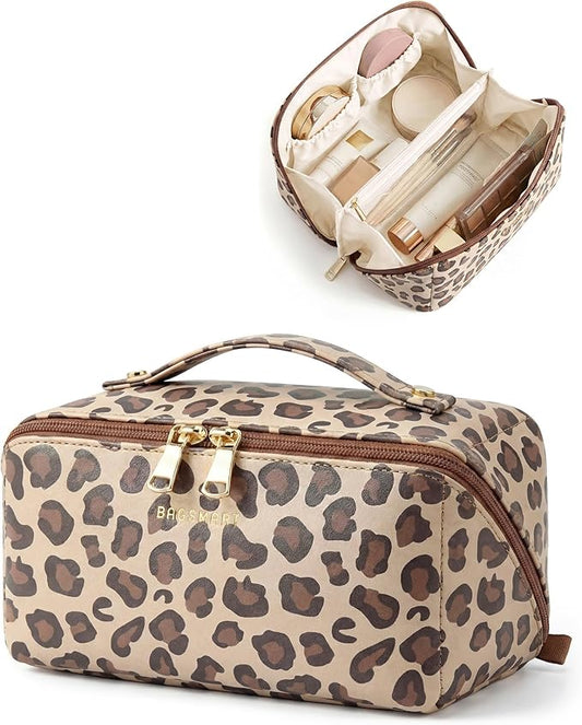 BAGSMART Makeup Bag Travel Cosmetic Bag, Large Make Up Bag Flat Open Toiletry Bag for Women, PU Leather Travel Essentials Organizer Case, Wide-open Pouch Purse for Skincare, Brushes, Brown Leopard
