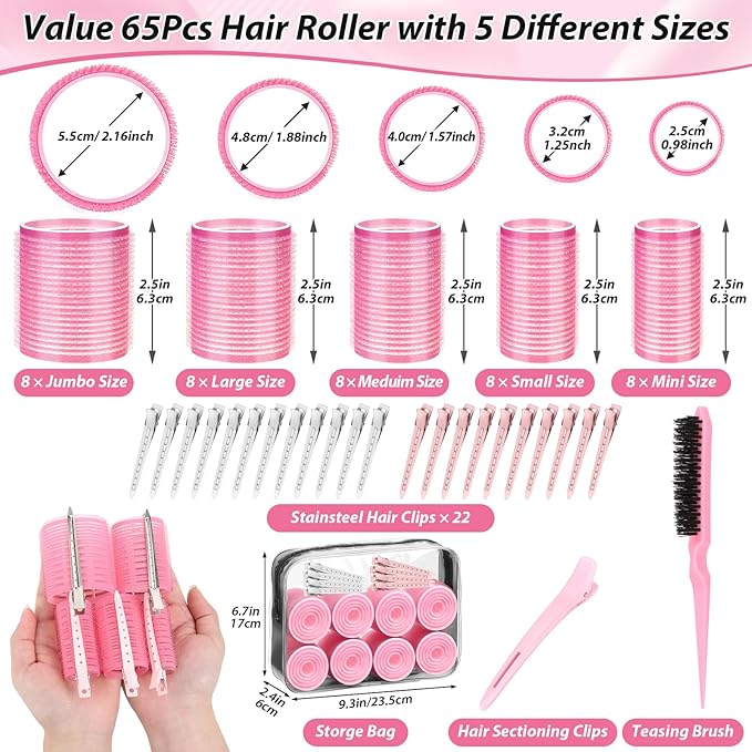 65 PCS Hair Curler Rollers with 5 Sizes Self Grip Hair Rollers for Long Medium Short Thick Fine Thin Bangs Volume Hair, Jumbo Curlers Rollers with Storage Bag Teasing Brush