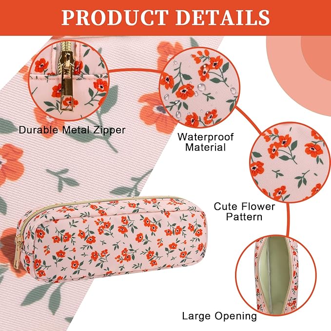 Nylon Small Makeup Bag Slim Pouch, Cute Floral Preppy Makeup Brush Bag Portable Make up Pouch with Zipper, Waterproof Travel Toiletry Bag Coin Purse Storage Organizer for Women Girls(Orange Flower)