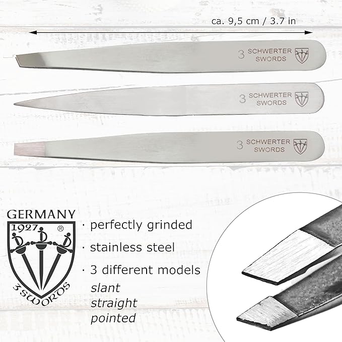 3 Swords Germany – stainless steel precision tweezer set “SILVERADO”, slanted, straight, pointed eyebrows hair, synthetic leather case by 3 Swords