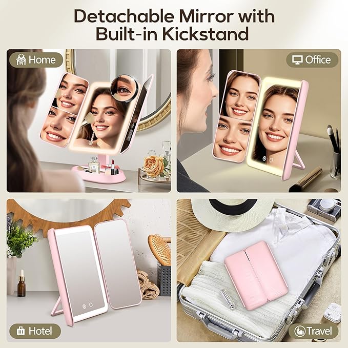 Vanity Mirror with Lights, Lighted Makeup Mirror with 30X/10X/5X Magnification, Rechargeable Trifold Mirror with 3 Color & Adjustable Brightness, Travel Makeup Mirror with Lights for Desk