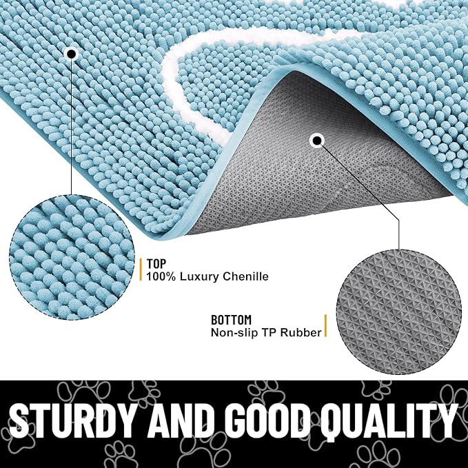 Smiry Dog Door Mat for Muddy Paws, Absorbent Dirt Trapper Non Slip Quick Dry Washable Chenille Mat for Mud Dogs, Entry Rug for Indoor and Outdoor (48x30 Inches, Sky Blue and White)