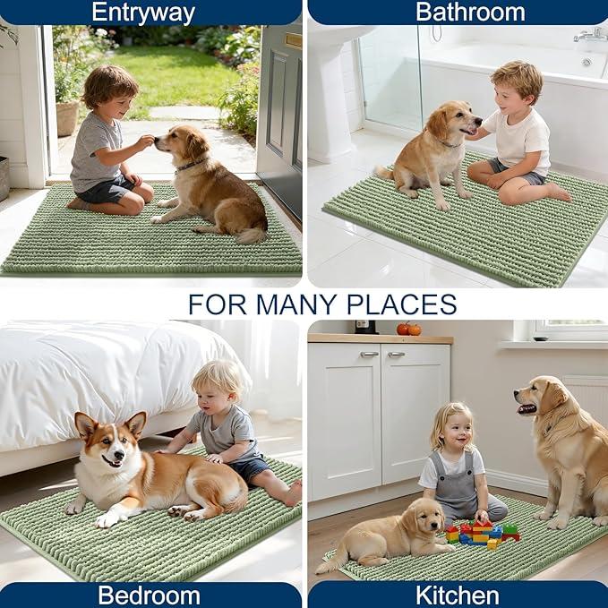OLANLY Dog Door Mat for Muddy Paws 44x32, Ultra Absorbent Chenille Mud Doormat, Non-Slip Washable and Dirt Trapping Doormat for Indoor Entryway, Quick-Dry Indoor Pet Bed Mats for Dogs, Sage Green