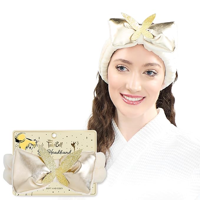 Disney Spa Headband, Soft, Plush, Adjustable, and Fun Hair Accessory for Skincare and Makeup Routines, Tinker Bell - Gold by Belle Maison