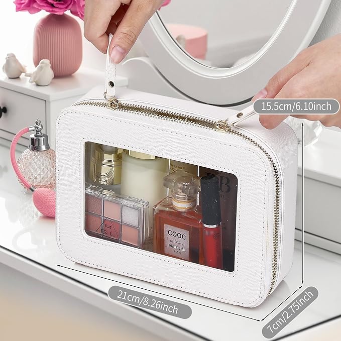 Clear Makeup Bag Women's Waterproof Travel Cosmetic Case and Toiletry Bag Portable Makeup Organizer Bag Car Essential with Zipper (White, M-1)