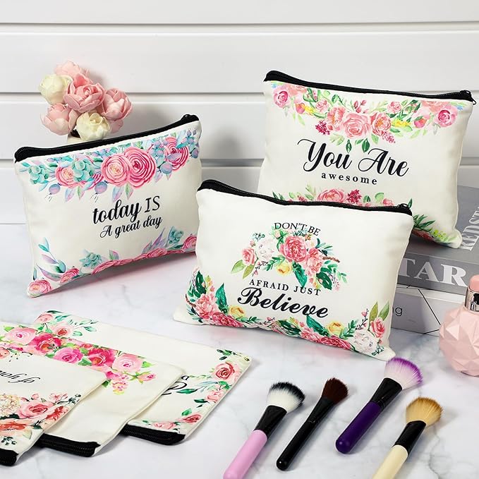 Pinkunn 16 Pcs Valentines Canvas Makeup Bags Bulk Inspirational Christian Women Religious Galentine Gifts Inspirational Bible Verse Pencil Pouch Makeup Bags with Zipper for Travel(Flower)