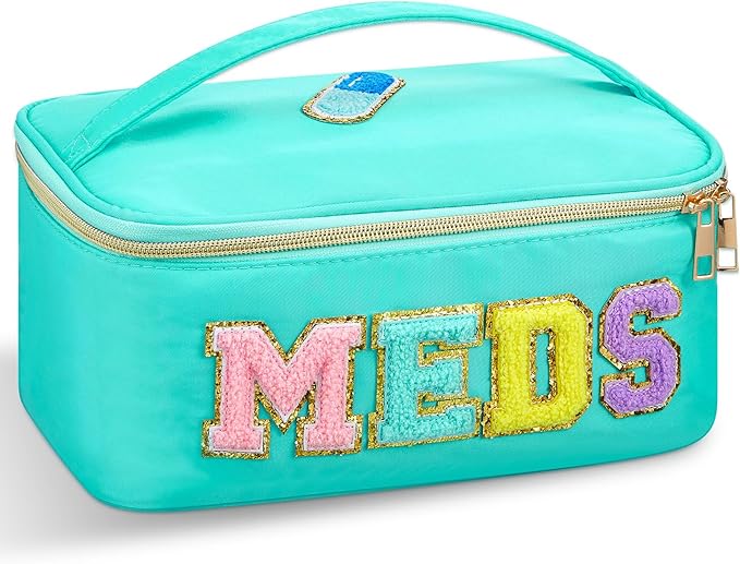 Geetery Clear Makeup Bag Chenille Letter Meds Bag Travel Cases Preppy Patch with Zipper, Portable Cosmetic Toiletry Storage case for Women(Meds,Green)