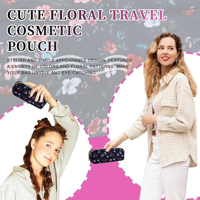 Nylon Floral Small Makeup Bag Slim Pouch, Cute Preppy Makeup Brush Bag Portable Make up Pouch with Zipper, Waterproof Travel Toiletry Bag Coin Purse Storage Organizer for Women Girls(Black Rose)