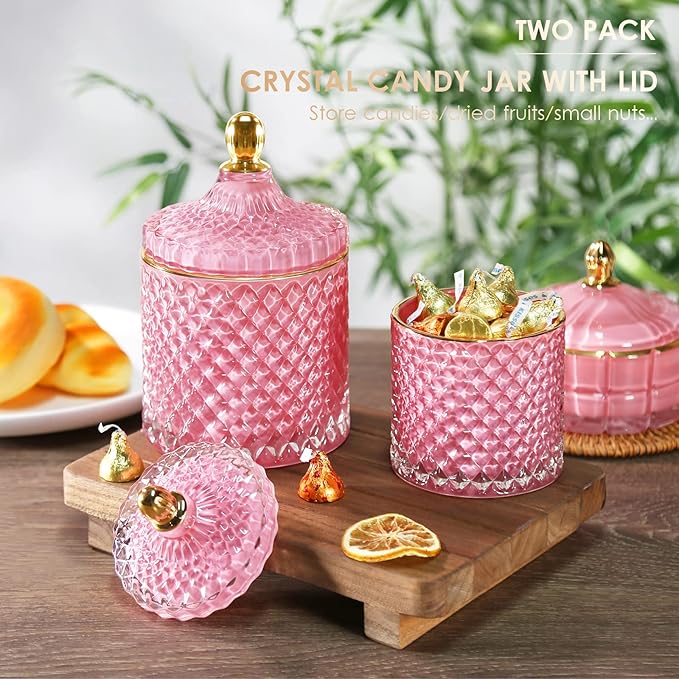 2 Pack Glass Qtip Holder Apothecary Jars Bathroom Jars with Lids for Room Decor, Pink Bathroom Accessories Storage Organizer, Cotton Ball Pad Round Swab Holder sets Pink Decor, 20oz+10oz