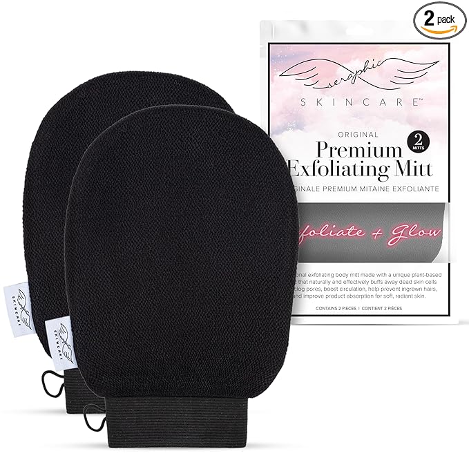Seraphic Skincare Original Premium Exfoliating Mitt for Body (2pc) – 100% Vegan Viscose Traditional Body Scrub Glove Kessa Korean Washcloth – Body Exfoliator for Self-Tan Removal & Keratosis Pilaris
