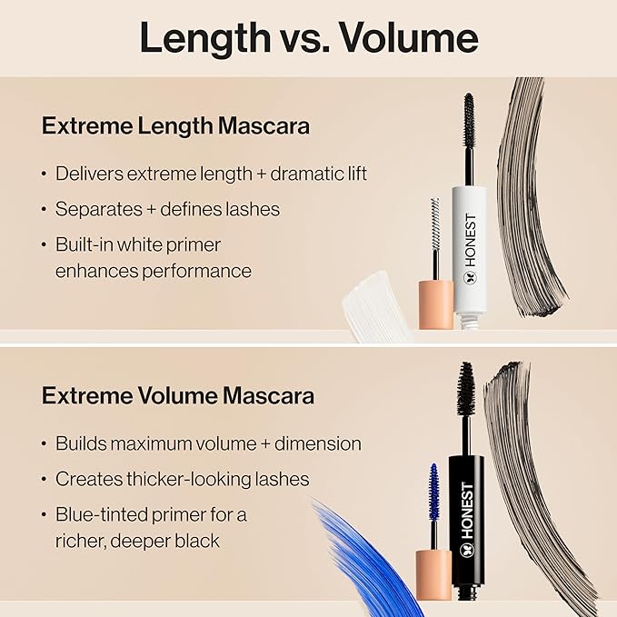 Honest Beauty 2-in-1 Extreme Length Clean Mascara, Lash Primer, Lengthening, Volumizing, Cruelty-Free, Safe for Sensitive Eyes, Black, .27 fl oz