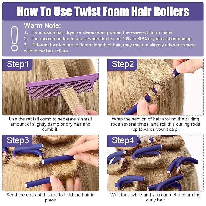 AIDUCHO 30 Pcs Heatless Hair Curlers 7 x 0.55 Inch Flexible Curling Rods Soft Foam Rollers No Heat Bendable Hair Rods Roller for Women Short Medium Long Hair, Purple