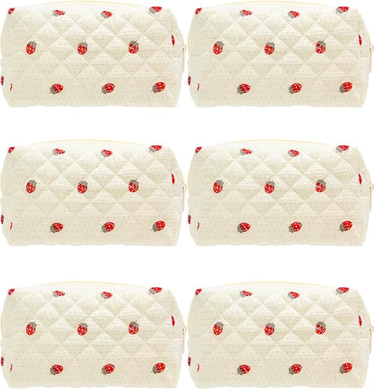 PAZIMIIK 6PCS Vintage Quilted Makeup Bag SET Cosmetic Pouch for Brushes Pencils and Travel Make Up Accessories for Women and Girls Gauze Strawberry