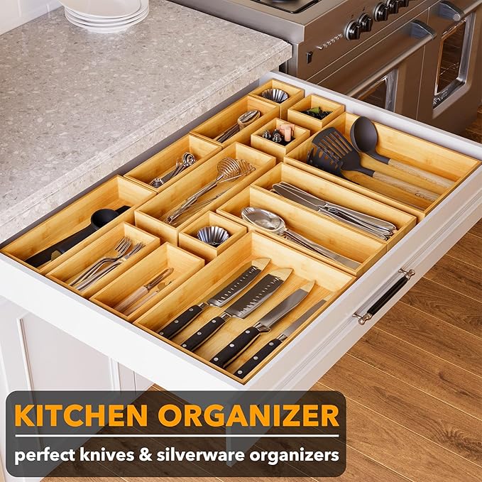 SpaceAid 21-Piece Bamboo Drawer Organizer Storage Boxes Set, Wood Tray Junk Drawer Organizers Multi-Use Divider Bins for Kitchen, Bathroom, Office Desk and Makeup Organization (21 Pack, Natural)