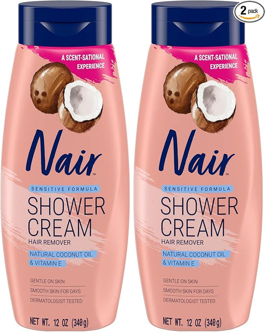 Nair Sensitive Shower Cream Hair Remover with Natural Coconut Oil and Vitamin E, Body Hair Removal Cream, 12 oz (Pack of 2)