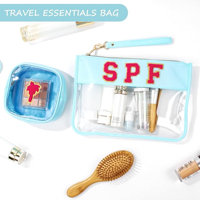 Preppy Patch SPF Clear Cosmetic Bag Chenille Letter Makeup Pouch Transparent Nylon & PVC Travel Zipper Pouch Organizer Sunscreen Toiletry Bag Waterproof Summer Beach Gifts for Women Girls
