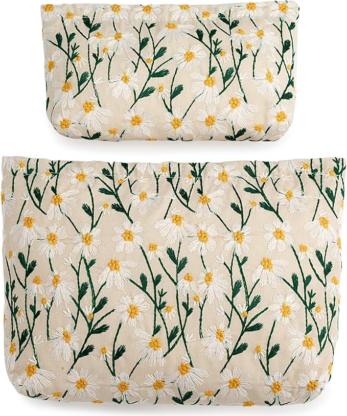 2 Pcs Makeup Bags, Large Cosmetic Bag Travel Toiletry Bag Organizer for Women, Embroidery Craft, Floral Makeup Bag Small Cosmetic Pouch Purse with Zipper Gifts for Girls Teen