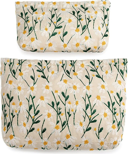 2 Pcs Makeup Bags, Large Cosmetic Bag Travel Toiletry Bag Organizer for Women, Embroidery Craft, Floral Makeup Bag Small Cosmetic Pouch Purse with Zipper Gifts for Girls Teen