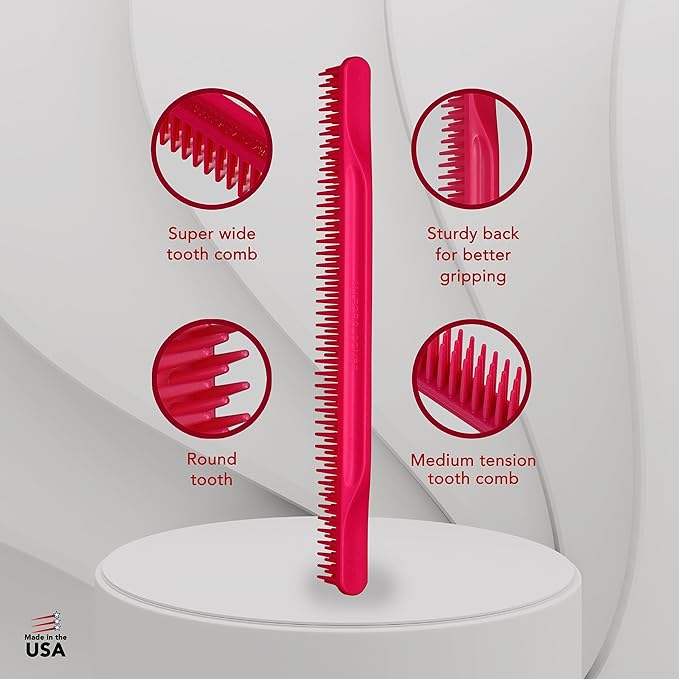 Allegro Combs 3-Row Detangling Comb, Wide Tooth Curl Defining Brush, Perfect for Women Curly Hair Stylists, Curl Defining Comb, Pink, Made In The USA, 1 Piece