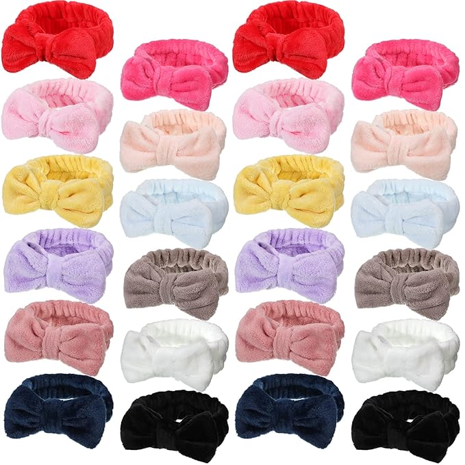 Jexine 24 Pcs Facial Spa Headband Makeup Headbands Bulk Bow Hair Head Band Fluffy Plush Spa Headband for Women Washing Face Shower Cleansing(Solid Color,classic Style)