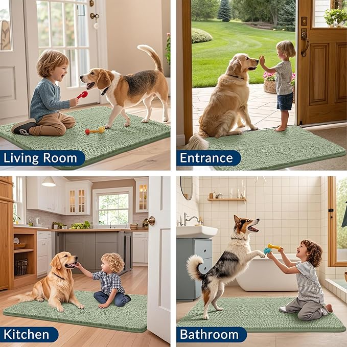 Smiry Dog Door Mat for Muddy Paws 24x16, Absorbs Moisture and Dirt Doormat, Non-Slip Washable Quick Dry Chenille Front Door Mat Indoor Entrance, Entryway Carpet for Inside Floor, Sage Green