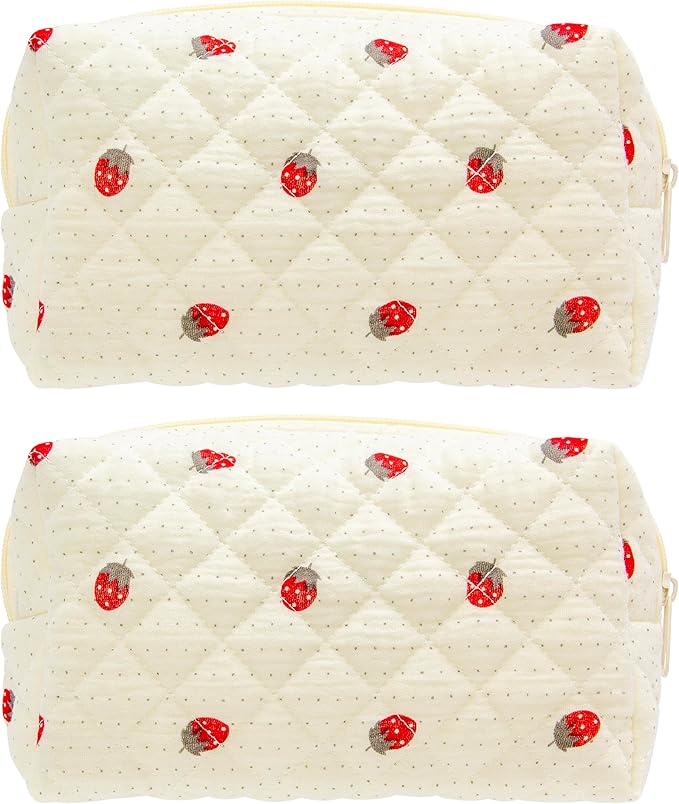 PAZIMIIK 2PCS SET Vintage Quilted Makeup Bag Cosmetic Pouch for Brushes Pencils and Travel Make Up Accessories for Women and Girls Gauze Strawberry