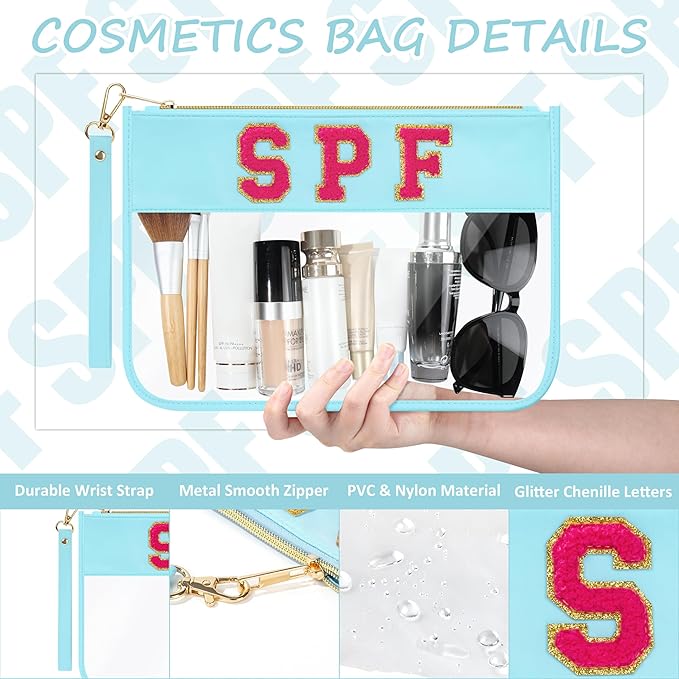 Preppy Patch SPF Clear Cosmetic Bag Chenille Letter Makeup Pouch Transparent Nylon & PVC Travel Zipper Pouch Organizer Sunscreen Toiletry Bag Waterproof Summer Beach Gifts for Women Girls