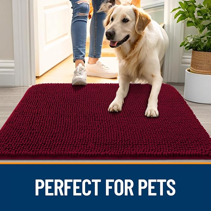 OLANLY Dog Door Mat for Muddy Paws 35x24, Absorbs Moisture and Dirt, Absorbent Non-Slip Washable Doormat, Quick Dry Chenille Mud Mat for Dogs, Entry Indoor Entryway Carpet for Inside Floor, Burgundy