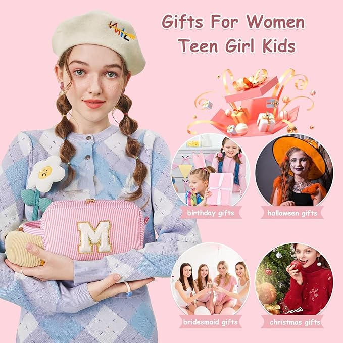 YOOLIFE Graduation Gifts for Teen Girls - Initial Makeup Bag Letter Toiletry Pouch Cosmetic Case, Personalized Teen Girl Gifts Trendy Stuff Party Favor, Pink G