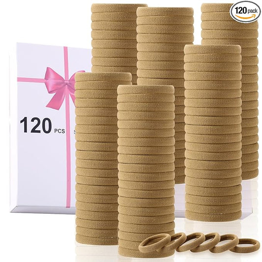 LuSeren 120 Pcs No Damage Hair Ties for Thick Hair, Large Soft Seamless Nylon Hair Elastics for Women, Ponytail Holders, Hair Accessories – Light Brown