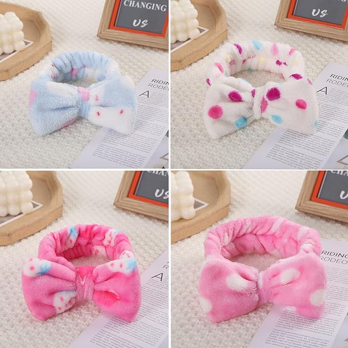 12pcs Spa Headband Soft Bowknot Spa Hair Band Coral Fleece Headband Makeup Headbands for Face Washing Skin Care Shower Yoga Headwraps for Women Girls (Pattern G)