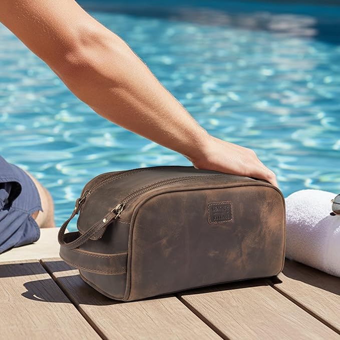 LEATHER VILLAGE Genuine Leather Toiletry Travel Pouch With Waterproof Lining - Brown | King-Size Handcrafted Vintage Dopp Kit Bag, Shaving & Bathroom Organizer, Gift for Men & Women