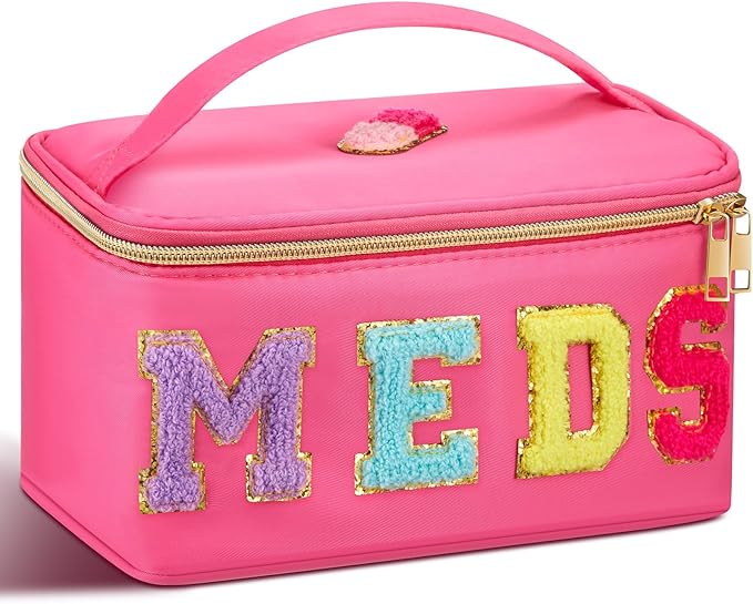 Geetery Clear Makeup Bag Chenille Letter Meds Bag Travel Cases Preppy Patch with Zipper, Portable Cosmetic Toiletry Storage case for Women(Meds,Rose Red)