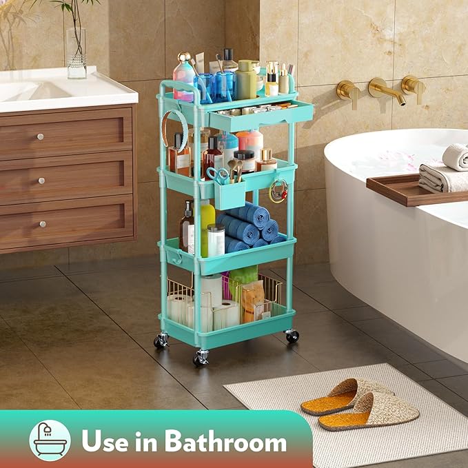 Makeup Cart Organizer with Drawers, 4 Tier Floor Skincare Organizers for Vanity, Rolling Makeup Bathroom Storage Cart Cosmetics Display Cases for Skin Care Perfume Nail Polish, Blue