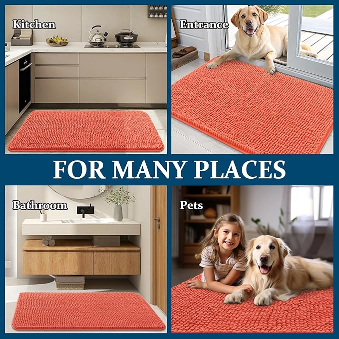 OLANLY Dog Door Mat for Muddy Paws 59x32, Absorbs Moisture and Dirt, Absorbent Non-Slip Washable Doormat, Quick Dry Chenille Mud Mat for Dogs, Entry Indoor Entryway Carpet for Inside Floor, Coral