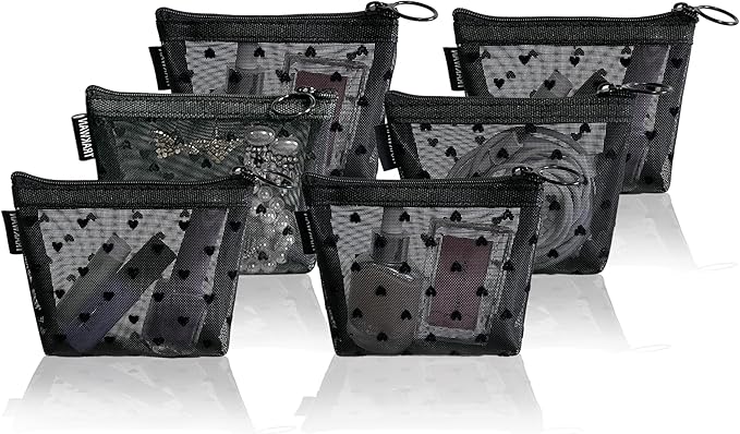 Mini Heart Makeup Bag Set, Zipper Mesh Cosmetic Bags for Women, Lipstick Cosmetic Organizer Bag, Travel Pouch (Black-6pcs)