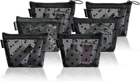Mini Heart Makeup Bag Set, Zipper Mesh Cosmetic Bags for Women, Lipstick Cosmetic Organizer Bag, Travel Pouch (Black-6pcs)