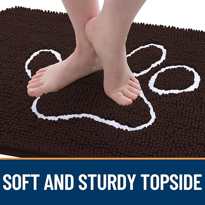 OLANLY Dog Door Mat for Muddy Paws 54x24, Paw Print Design, Absorbs Moisture and Dirt, Absorbent Non-Slip Washable Doormat, Quick Dry Chenille Mud Mat for Dogs, Entry Indoor Entryway Carpet, Brown