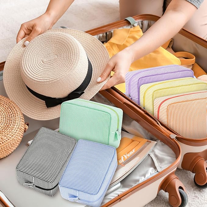 Sanwuta 9 Pcs Seersucker Cosmetic Bag Bulk Pinstripe Makeup Bag for Women Aesthetic Cute Travel Toiletry Organizer Preppy Storage Pouch for Wedding Bridesmaid Christmas Gift (Large, Candy Color)