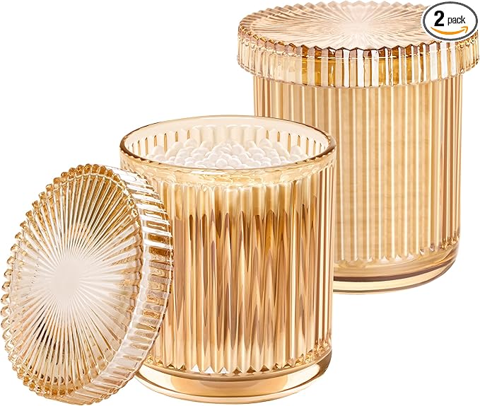 Bathroom Organizers and Storage,2 Pack Glass Qtip Holder Dispenser,Bathroom Essentials Accessories Decor,Vanity Makeup Storage Organizer for Cotton Swabs,Cotton Balls,Pads,Floss Picks (Amber)