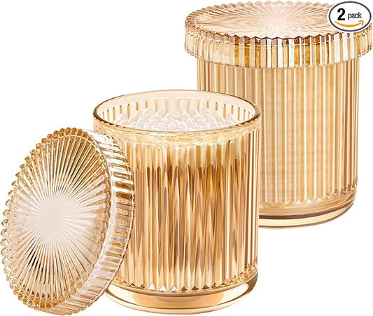 Bathroom Organizers and Storage,2 Pack Glass Qtip Holder Dispenser,Bathroom Essentials Accessories Decor,Vanity Makeup Storage Organizer for Cotton Swabs,Cotton Balls,Pads,Floss Picks (Amber)