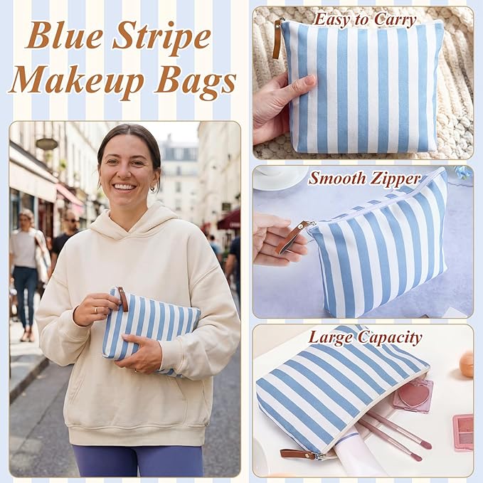 Hillban 12 Pcs Blue Striped Makeup Bags Bulk Canvas Cosmetic Bag Beach Themed Gifts Travel Toiletry Organizer Zipper Pouch Bags for Women Bridemaids Party Favors