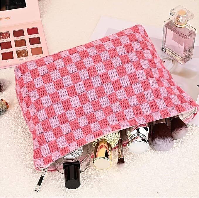Cosmetic Bags for Women - Corduroy Cosmetic Bag Aesthetic Women Handbags Purses Smile Dots Makeup Organizer Storage Makeup Bag Girls Case Bags (Q-Checkered green)