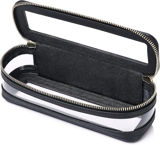 Pinkmik Makeup Brush Case Clear Travel Cosmetic & Toiletry Bag Slim Makeup Bag with Zipper Small Purse Organizer Car Essential Bag for Women (Black, SLIM-1)